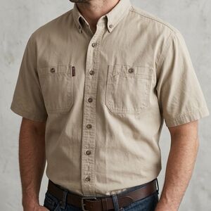 DRI DUCK Sawtooth Collection Men's M Tan Cotton Canvas Work Shirt Short Sleeve